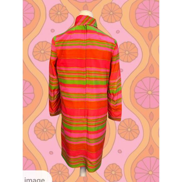 Vintage 60s Mod Striped Scarf Neckline Neon Color Silk Shift Dress Size L - Picture 4 of 6
